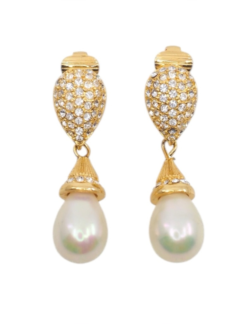 Dior Vintage Gold Crystal Pavé Earrings with White Pearl Drops clip on earrings